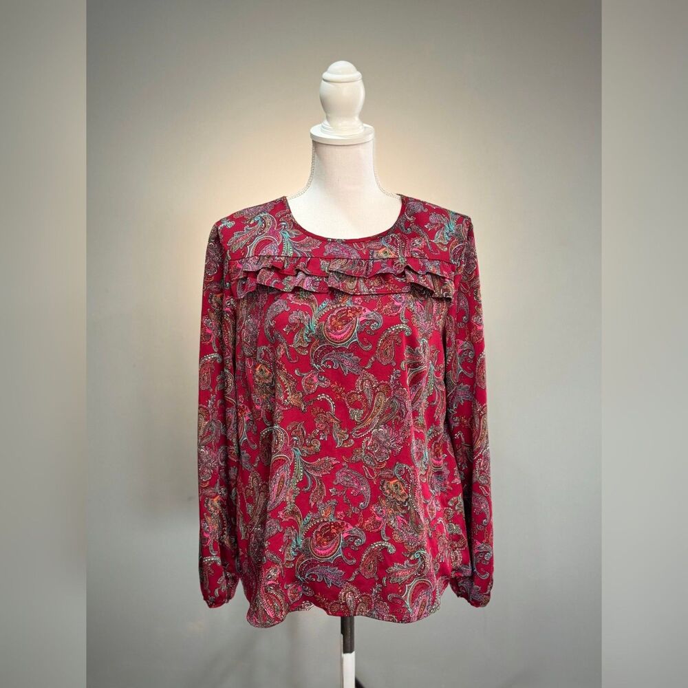 Brick Red Talbots Paisley Ruffle Blouse Size M EUC